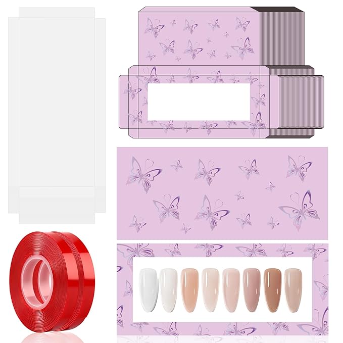 ANGNYA 72PCS Empty Press On Nail Packaging Box Contains 35PCS Butterfly Press On Nail Boxes, 35PCS White Display Cards, 2PCS Double Sided Tapes, Nail Tip Storage Case for Press-on Nail Business