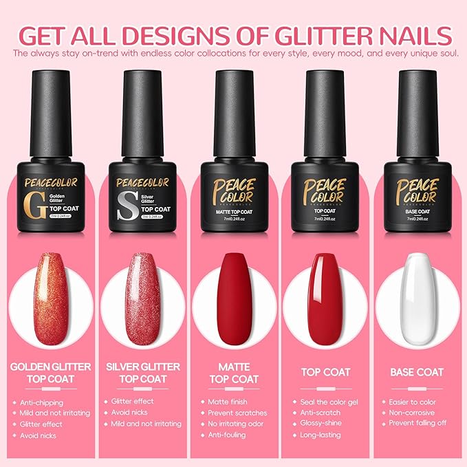 PEACECOLOR 60Pcs Gel Nail Polish Set - 55 Colors Gel Polish with Base Coat & 4 Effects Top Coat All Seasons Color Nail Polish Set Nail Kit Gifts for Women Girls Teens Nail Salon at Home