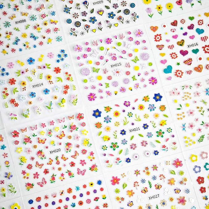 30 Sheets Flower Nail Art Stickers Colorful Flower Nail Stickers for Nail Art 3D Self-Adhesive Floral Designs Nails Decals Spring Nails Supplies for Women Girls Manicure Decorations
