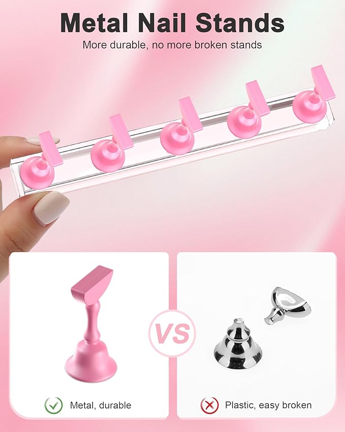 Nail Stand for Press Ons, Nail Holder for Painting Nails Magnetic Fake Nail Stand Tips Design with Putty Practice Nail Art Tools for Home Salon DIY Beginner Supplies (Rose)