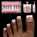 NOVO OVO French Tip Toe Nail Tips Press on, Sharp Square Pre-Designed Soft Gel False Toenail Extension, BROWN PINK Pre-applied Tip Primer & Base Coat, Full Cover Acrylic for DIY x 15 Sizes 240 pcs