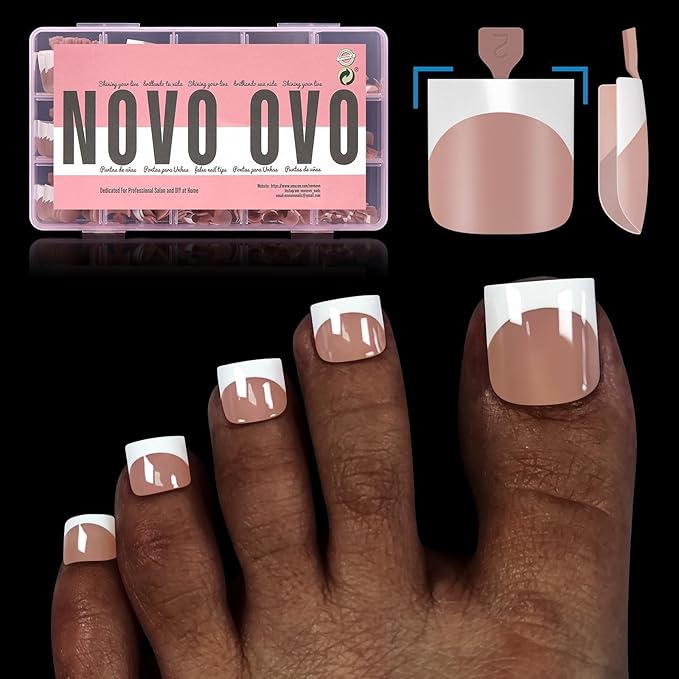 NOVO OVO French Tip Toe Nail Tips Press on, Sharp Square Pre-Designed Soft Gel False Toenail Extension, BROWN PINK Pre-applied Tip Primer & Base Coat, Full Cover Acrylic for DIY x 15 Sizes 240 pcs