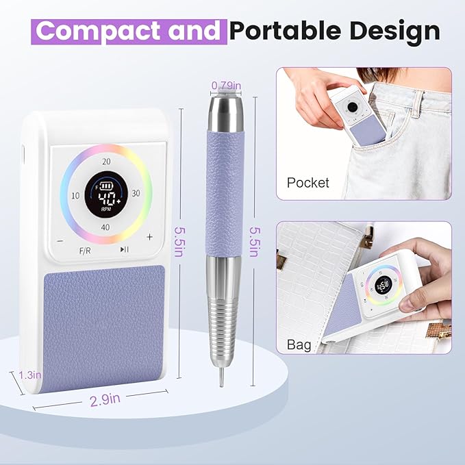 Professional Nail Drill, 40,000RPM Electric Brushless Nail Drill, Rechargeable, Portable, Touch Control, Quiet, Vibration-Free, Cordless Nail File Machine with 7PCS Drill Bits
