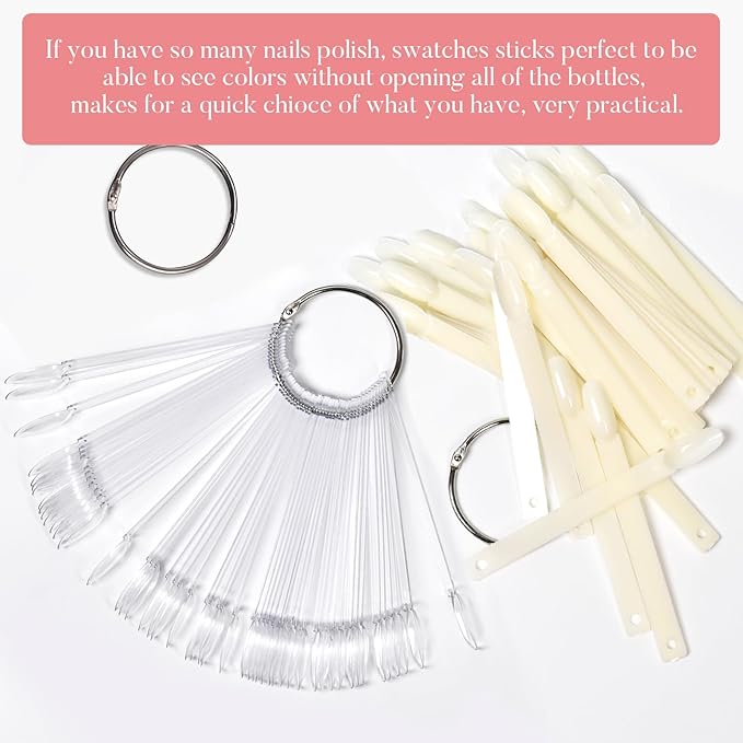 150PCS Nail Swatch Sticks with Ring Fan Shaped Nail Polish Sample Sticks False Nail Sample Swatches for Nail Practice Color Display