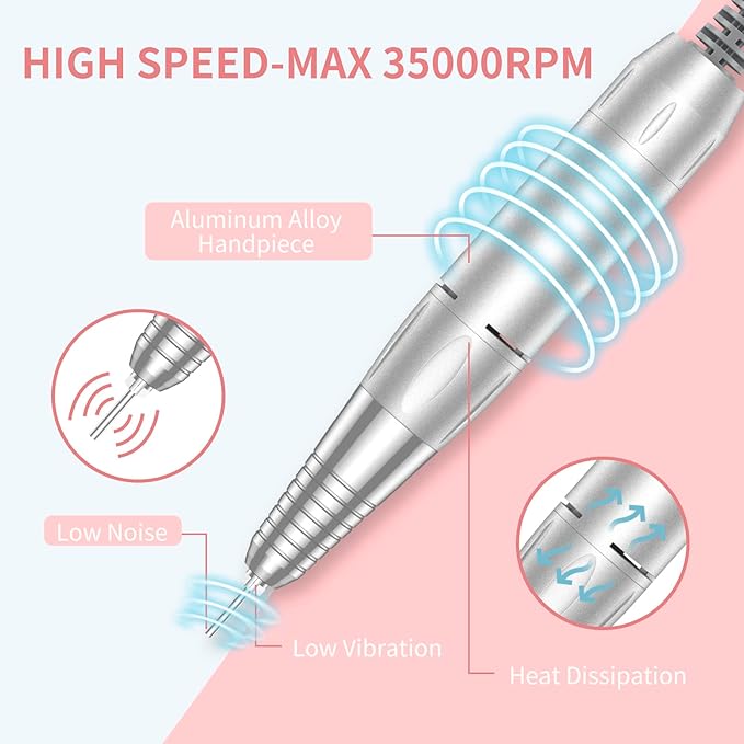 Portable Nail Drill Professional 35000 RPM, Rechargeable Electric Nail File Machine Cordless E-File for Acrylic Gel Polishing Removing with Bits Kit for Manicure Salon Home, Pink