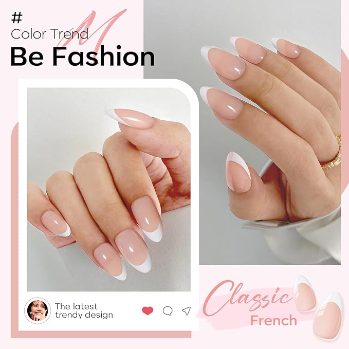Modelones French Tip Press on Nails Almond, Valentines Short Almond Fake Nails for Women, Reusable Nail Kit with Nail Glue Adhesive Tabs Mini Nail File, Nails Press Ons 32Pcs 16 Sizes ﻿
