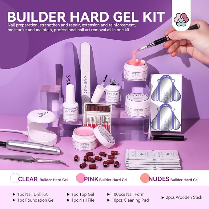 SAVILAND Builder Gel Nail Kit with Nail Drill - 3 Pcs Hard Gels for Nails(VE&VB5&Kerain) Clear Pink Nudes Builder Gel with Lamp Brush Nails Strengthener Gels for Extension Shaping DIY at Home Salon