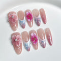[GLORS] 3D Floral Long Almond Press-On Nails, Pink French Manicure with Pearl Flower Design, Handmade False Nail 10 Pieces (Medium, LS)