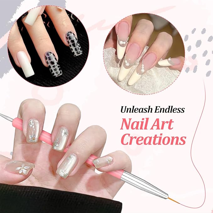 6Pcs Dotting Tools Nail Art Brushes Kit Double Ended Nails Detail Small Brush Design Pen for Gel Polish Lines Nails Drawing DIY Manicures Pink
