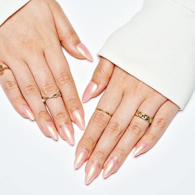 GLAMERMAID Press on Nails Medium Almond, Handmade Glossy Gel Nude Pink Golden Glitter Galaxy Fake Nails Shinny Stiletto, Short Oval Pearl Shimmer Acrylic False Nail Kits Stick Glue on Nails for Women