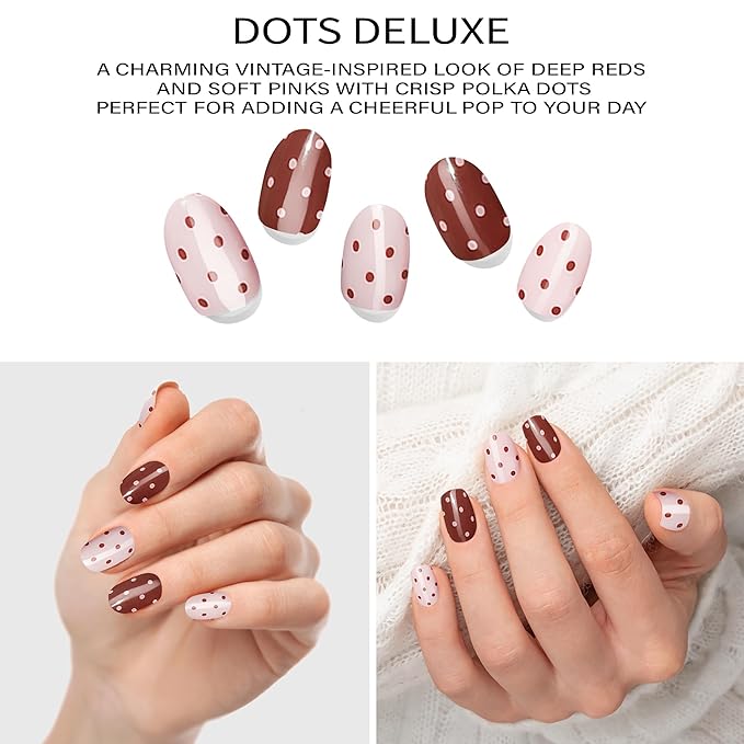 Semi-Cured Gel Nail Strips - 20 Salon-Quality Gel Sticker with UV Light Required, Long Lasting, Easy Application & Removal, Includes Prep Pad, Nail File, Wooden Stick (Dots Deluxe)