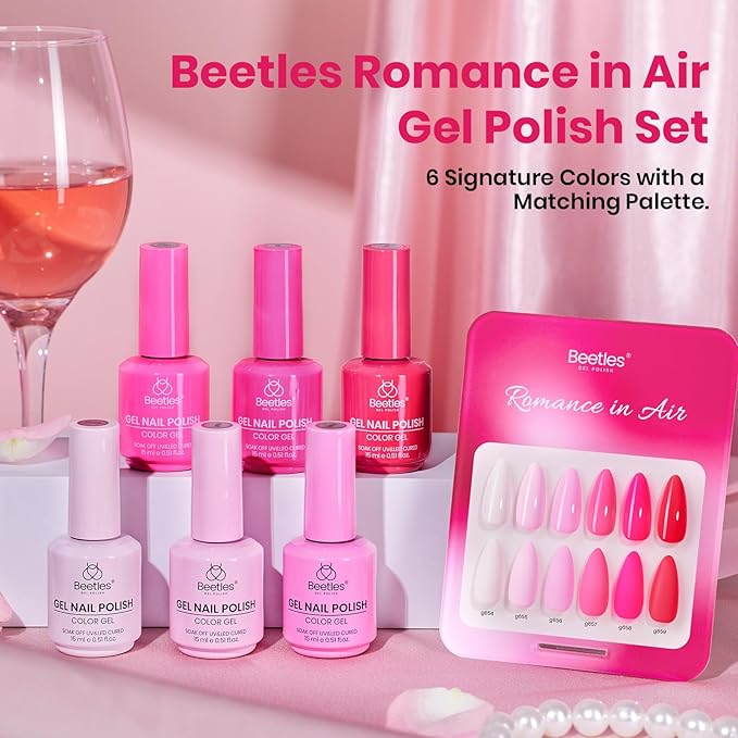 beetles Valentines Pink Gel Polish Set - Romance in Air Collection, 15Ml Bright Neon Light Hot Pink Spring Colors Soak Off Gel Polish Kit Nail Art Manicure Salon DIY at Home