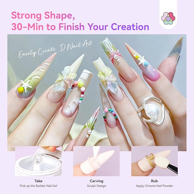 SAVILAND Advanced Non-Stick Solid Builder Nail Gel: Clear & White Instant Sculpting 3D Gels Non-Wipe Sculpting Gel for Nail Art Molding with Chrome Powder DIY Salon