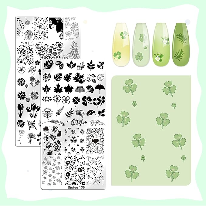 Biutee 10PCS Nail Art Stamping Plates Set Nail Stamper Kit with Nail Stamper Scraper and Storage Bag, Nail Stamp Plate Butterfly Starry Sky Flower Bowknot Design Nail Stamping Kit