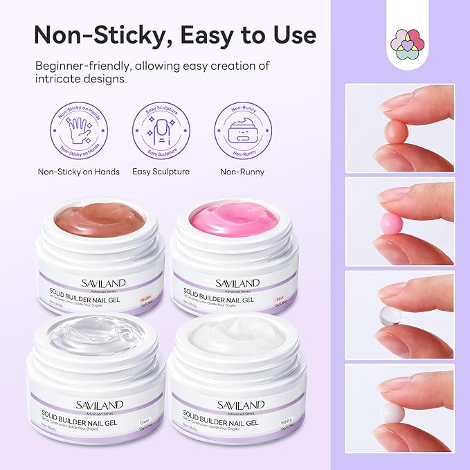 SAVILAND Solid Builder Nail Gel Set: Non-Sticky 4 Color Clear Nude White Pink 3D Nail Gels for Extension Reinforcement Long-lasting Sculpting Gel for Nails Art Starter Kit DIY Home