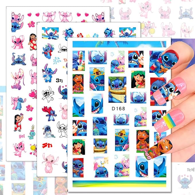 12 Sheets Blue Monster Nail Stickers Decals 3D Cartoon Pink Blue Animal Self Adhesive Nail Design Stickers Supply Cute Blue Animal Flowers Heart Nail Decals for Women Girls and Kids DIY Manicure