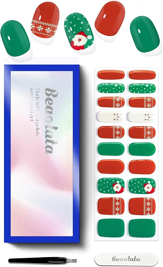 Semi Cured Gel Nail Strips - UV Light Gel Nail Stickers - 20 Long Lasting Salon Quality Wraps (Blissful Christmas Fawn Red&Green)
