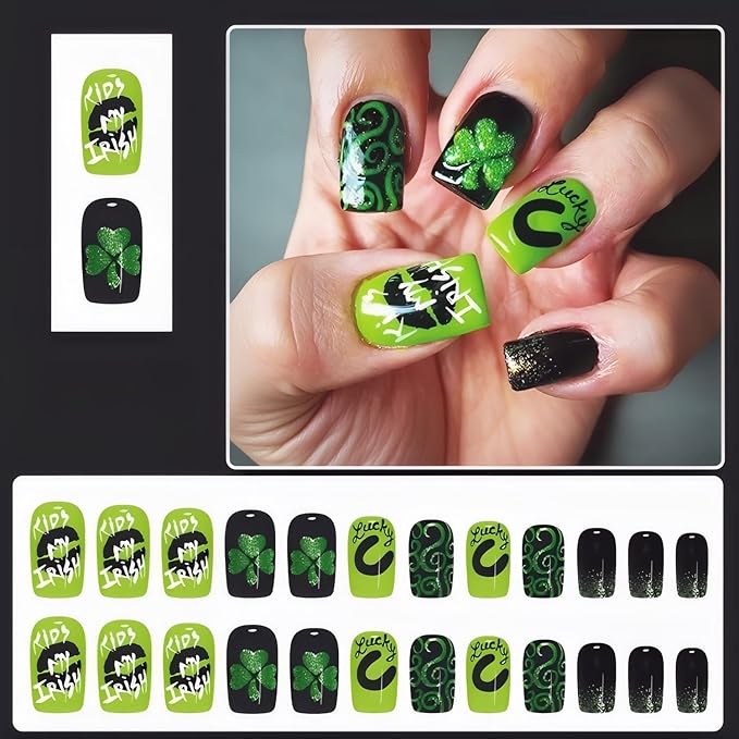 Short Square Press on Nails St. Patrick's Day Fake Nail with Winter Geen Designs False Nails Press Ons Gift for Women 24pcs