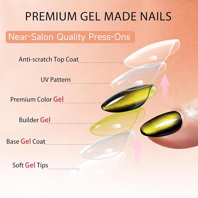 Cat Eye Press on Nails Short, Chrome Press on Nails Oval, Thick Glazed Black Gold Fake Nails Press ons for Women Party Prom, Reusable Glitter Glue On Nails Almond in 15 Sizes, 30 Pcs