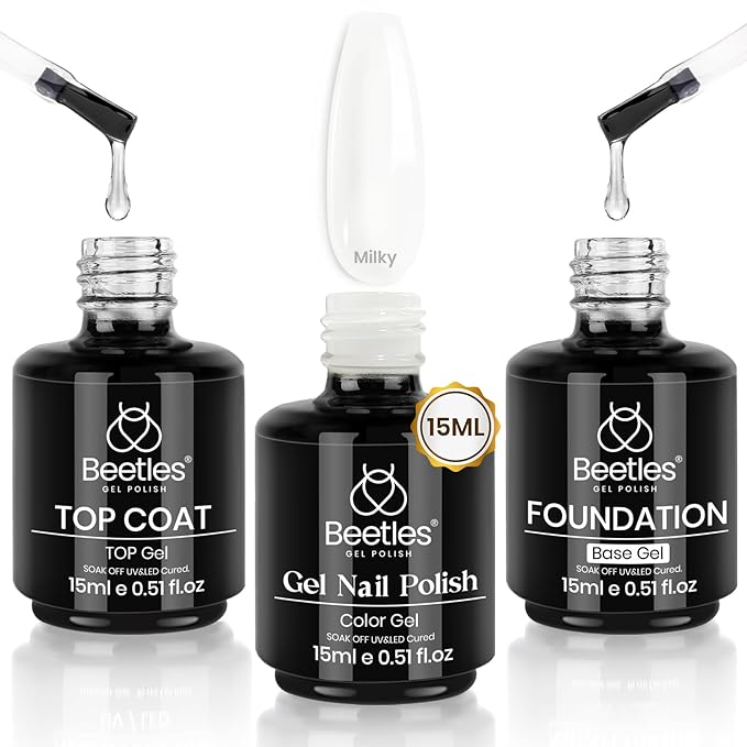 Beetles Milky White Gel Nail Polish No Wipe Gel Top Coat and Base Coat Set 3Pcs 15ml, Nude Jelly Color Long Lasting, Soak Off U V LED Nail Art Design for Women