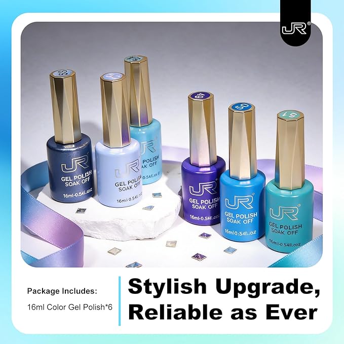JR Blue Gel Nail Polish Set, 16ml Full Size Bottle 6 Colors Blue 9D Cateye Glitter Nail Gel Polish Gift Soak Off Led Nail Art Kit Salon DIY Colorful Bottle I