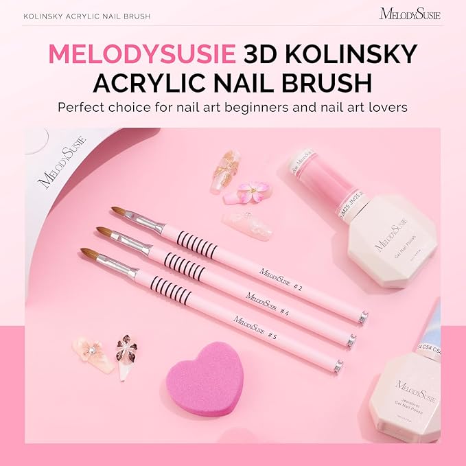 MelodySusie 3D Kolinsky Acrylic Nail Brush, Professional Nail Art Sculpture Brush with Pink Metal Non-Slip Grip Handle, for Acrylic Application 3D Nail Art Flower Designs, Size 4