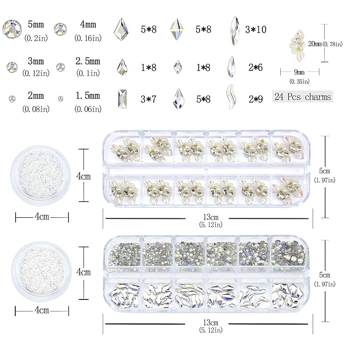 Rhinestones for Nails, Flatback Multi Shape Gems 3D Flowers Nail Charms Mixed Nail Glitter Powder Supplies Moonlight Crystal Jewelry Accessories for Women Manicure Decorations Design