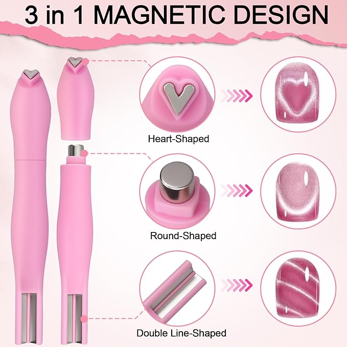 Cat Eye Magnet Set, 3 in 1 Heart Magnet for Cat Eye Gel Polish, 6 in 1 Cat Eye Nail Magnet for Beginners and Pros, Multifunctional Nail Magnet Tool for Nail Art DIY at Home (Pink)
