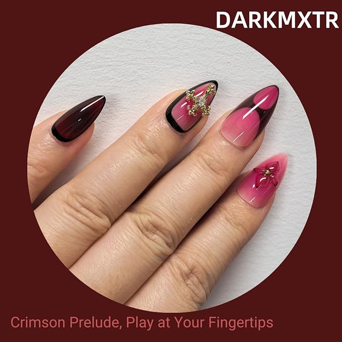 Press On Nails Almond Shape - Gothic Burgundy Pink Rhinestone Cross Design,Easy Application Manicure Set for Work, Party & Daily Use, Perfect for Women and Students