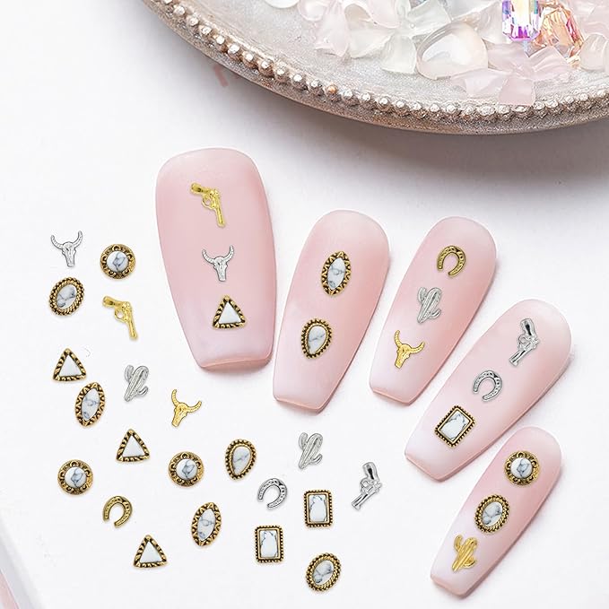 50 PCS Turquoise Nail Charms White - Western Nail Charms 3D Vintage Turquoise White Pink Marble Gems Accessories, Retro Cowboy Gemstones for Women DIY Decorations