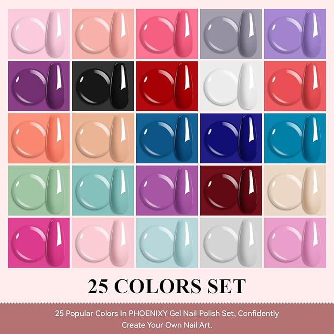 Phoenixy 30 PCS Gel Nail Polish, 25 Color Gel Nail Polish Kit 5pcs Base Coat Glossy Matte Gold Glitter and Silver Glitter Top Coat Fall Winter White Purple Pink Red Green Starter Gift for Women