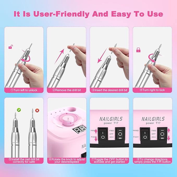 Nail Drill Machine，Professional Electric Nail File Set 35000RPM Nail File Drill Acrylic Nails Kit for Manicure Gel Nail Polish Remover (Pink)