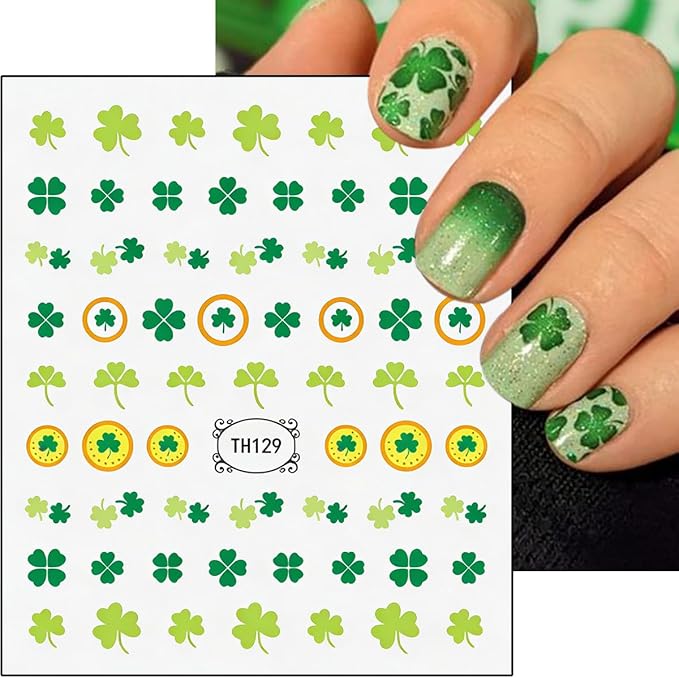 6Sheets St. Patrick's Day Nail Stickers 3D Rainbow Coin Hat Four Leaf Clover Design Spring Nail Decals Lucky Green Shamrock Nail Art Stickers for Women DIY Irish St. Patrick's Day Nail Supplies Decor