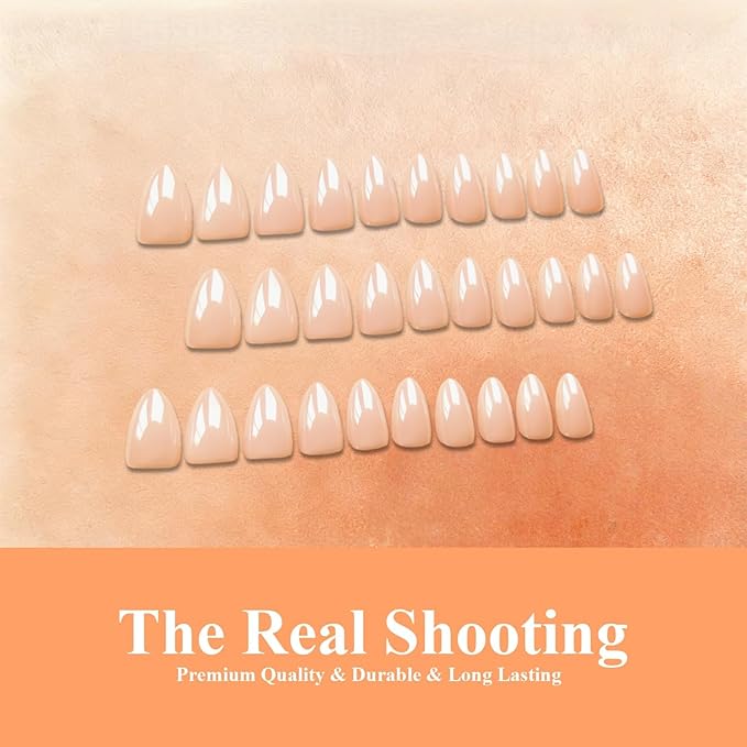 Chrome Cream Nude Press on Nails Short Almond, Glazed Cute Fake Nails with Sparkle Mirror Design, Shiny Glitter Glue on Nails Stiletto, Gel Nail Press ons with Glue for Fingernail 30 Pcs