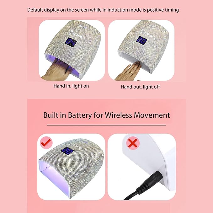 66W Nail Lamp with Rhinestones, Rechargeable Nail Lamp for Gel Nails, 15600mAh 33pcs Lamp Chips 4 Timer Setting Removable Bottom Tray Led Nail Light (US Plug)