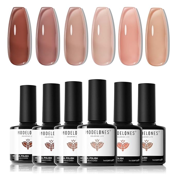 modelones Jelly Gel Nail Polish, 6 Colors Fall Nude Brown Pink Gel Polish Neutral Nail Art Design Translucent Soak Off LED Nail Lamp Manicure Salon DIY Girls Women Gift