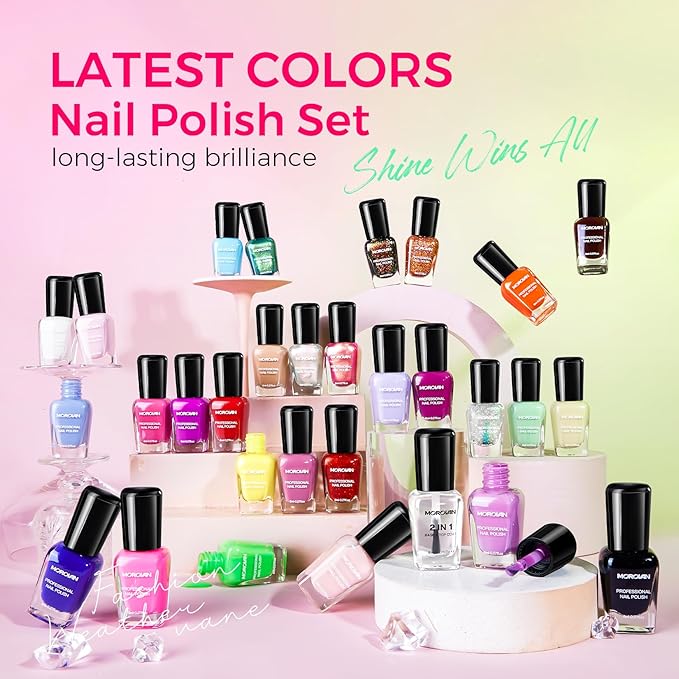 Morovan Nail Polish Set Fingernail: 2026 Nail Gift 30PC Glitter Bright Air Quick Dry Nail Polish Kit with 2-in-1 Base Top Coat Regular Pack Finger Nail Art Gift for Women Girls
