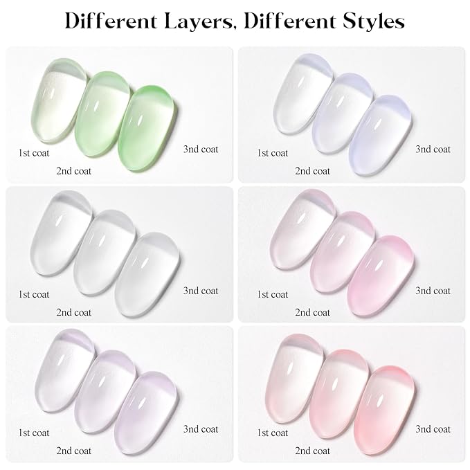 MTSSII 6PCS Jelly Gel Nail Polish Transparent Pink Green Violet Colors Sheer Nude Gel Polish Kit for Salon Gel Manicure and Nail Art DIY at Home