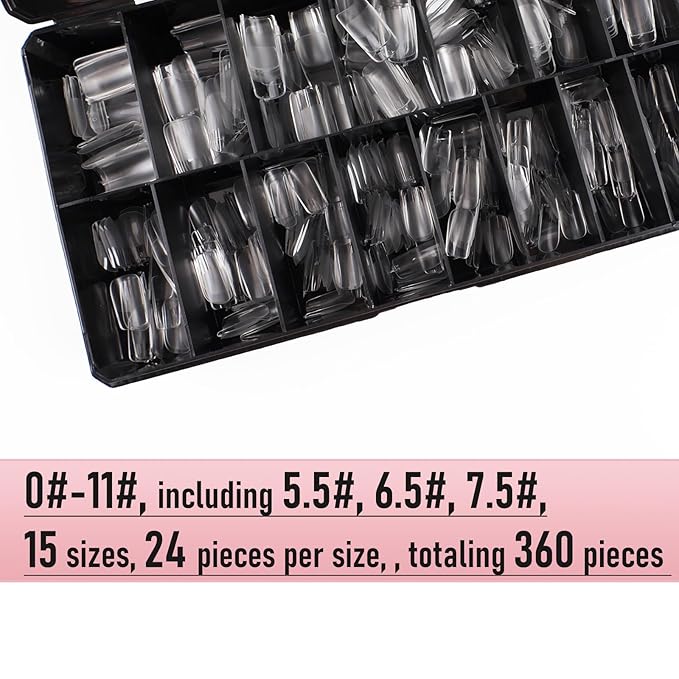 Short Square Nail Tips Thicken Soft Gel Nails Pre-etched Clear Full Cover Press on Acrylic Fake Nail Extension for Manicure Salon Home DIY 360Pcs 15 Sizes Black Box Collection