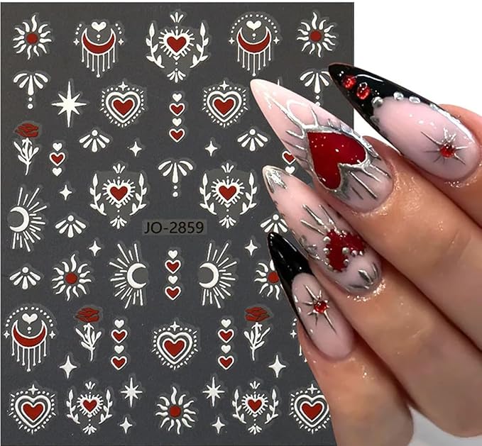 6 Sheets Sun Star Nail Stickers for Nail Art 3D Gold Silver Heart Nail Art Stickers with Sun Star Moon Self-Adhesive Design Nail Art Supplies Chrome Nail Decals for Women Acrylic Manicure Decorations