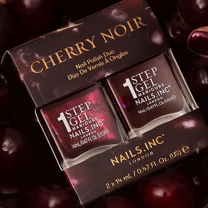 Nails Inc It's Topless Gel-Like Cherry Noir Nail Polish Duo, 4-in-1 Base Coat, Treatment, Color & Top Coat, Long Lasting, Strong, Chip Free, Glossy Salon Quality Manicure, Air Dry, 2 Piece Set