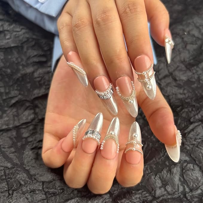 Trendy Handmade Press On French Nails Medium Almond Shape,10Pcs Thick Acrylic Fake Nails with 3D Pearl Cute Design Clip On Nail for Woman Gift (Design concept:French Tenderness)