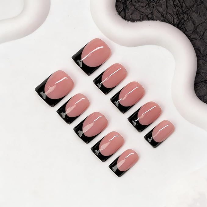 Handmade Press on Nails Black French Tip False Nails with Designs Solid Color Luxurious Thickened Short Square Fake Nail Full Cover Muti-Layer Gel Acrylic Nails Stick on Nail for Women（M)