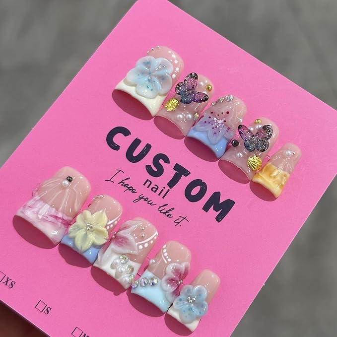 French Tip Press on Nails Handmade Short Duck 3D Flower Thick Acrylic Nails Cute False Nails with Stars Butterfly Polka Dots Designs Beachy Glossy Fake Nail Sturdy Art Press on Nail 10Pcs(S)