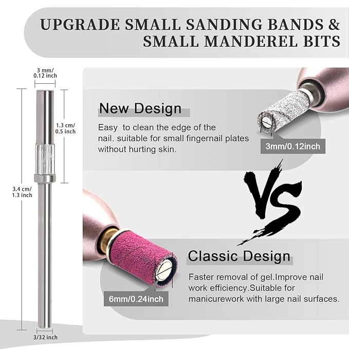 Small Sanding Bands for Nail Drill, 100pcs Mini Bands 180 Fine Grit Nail File Sanding Bands with Upgrade 2pcs 3/32'' Mandrels Bits, for Acrylic Nail Gel Removal, Plastic Polishing Manicure, White