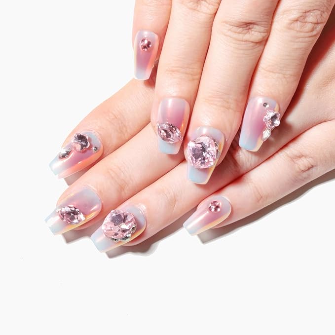 Sun&Beam Nails Handmade Press On Short Coffin Pink Metallic Design Charming Cute False Nail Tips 10 Pcs (#101 S)