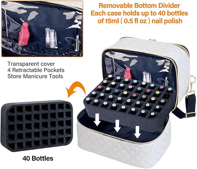 Nail Polish Organizer Case Holds 40 Bottles(15ml/0.5fl.oz) and Nail Lamp, Double Layer Nail Polish Storage with Adjustable Dividers,Portable Carrying Bag for Nail Kit, Manicure Tools Beige