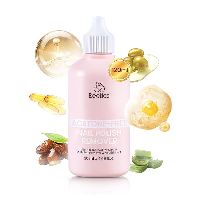 Beetles Non Acetone Nail Polish Remover - 4.06Fl Oz/120ML Nourishing Formula Acetone Free Nail Polish Remover - Non-Drying - Professional Controllable Quick & Gentle Removal for Natural Damaged Nail