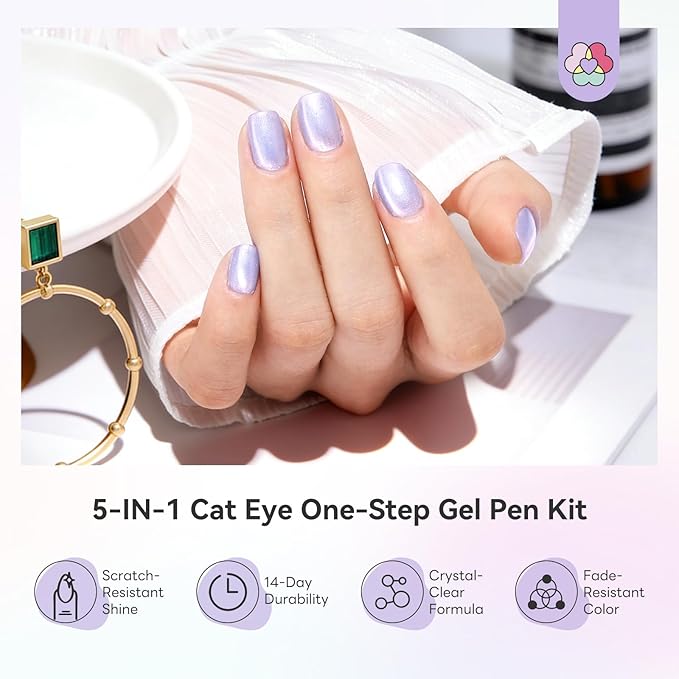 SAVILAND Express One-Step Gel Nail Polish Pens Set with U V Light: 4 Colors Cat Eye 3-in-1 Gel Polish Pen Kit Base & Color & Top in One Pen Fast Curing Polarized Cateye Nail Art Beginner Travel 4ml