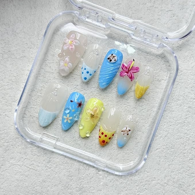 Handmade Press on Nails Medium Almond Flower Fake Nails with Glue,Muti-Layer Gel False Nails with 3D Flower Embossed Design Glitter Thick Press ons Nail Pearl Acrylic Nails for Women (Size S)